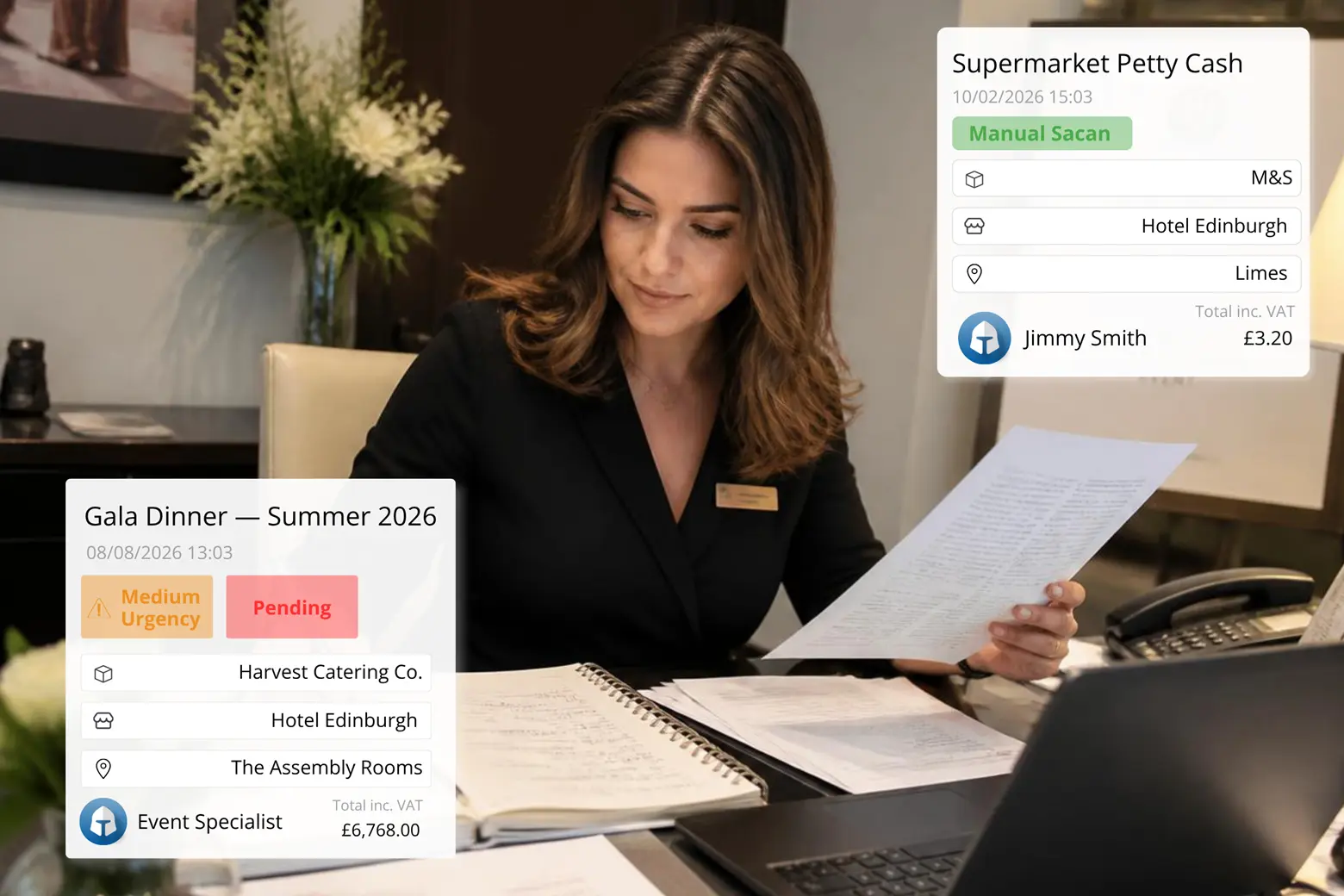 Female hotel manager reviews event invoices and petty cash amounts using supplier management software.